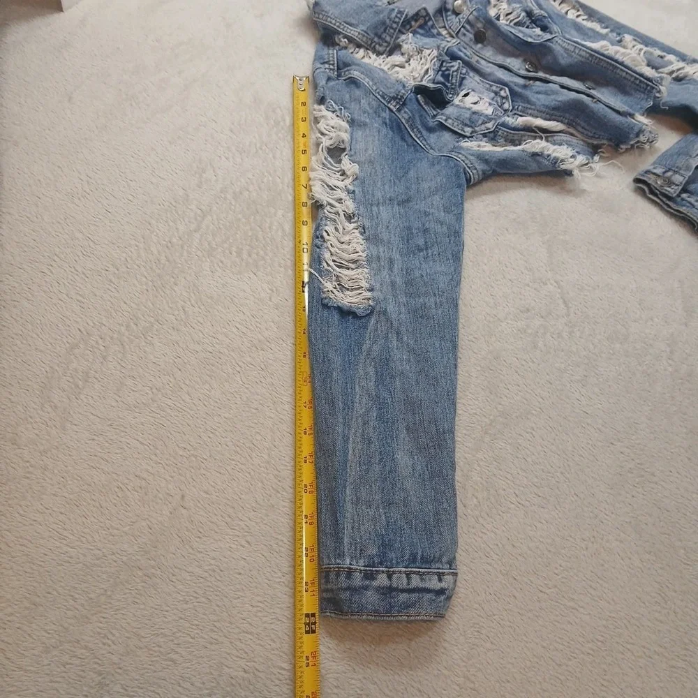 ChiQle Extreme Ripped Cropped  Denim Jacket Women's Size Large Preppy Concert.